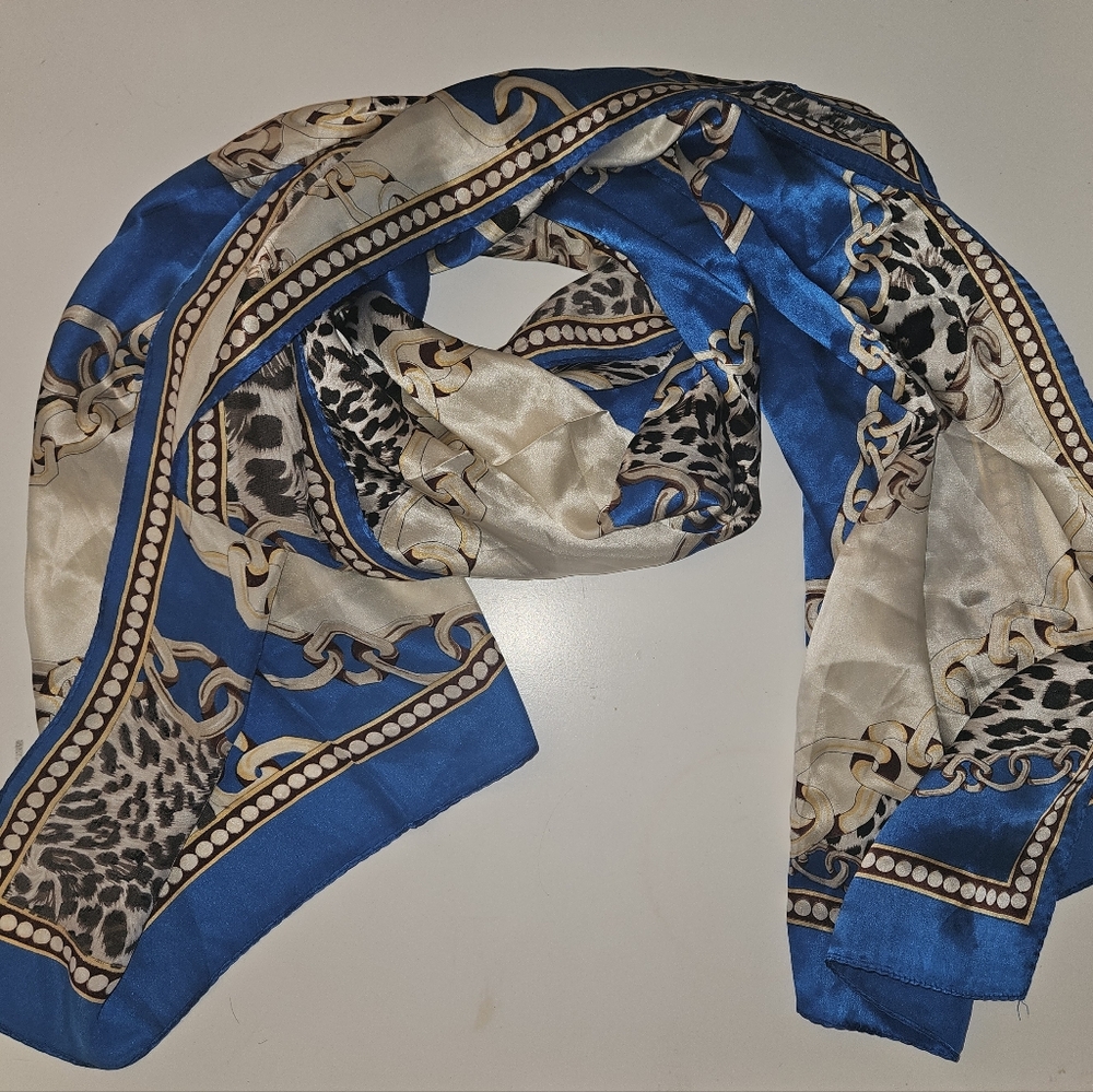 Silk Leopard Royal Blue and Cream Chain Print Long Scarf 68"x21" Preppy Chic
